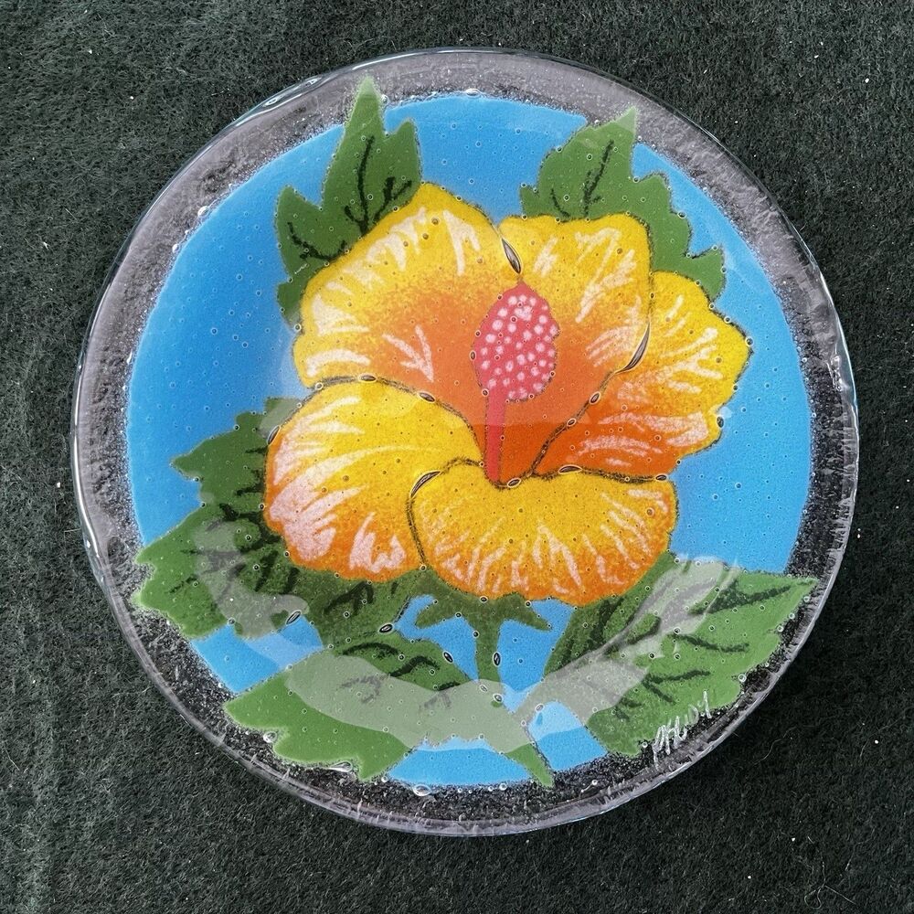 Vintage Yellow Hibiscus Flower Fused Glass Peggy Karr Trinket Dish Plate  6"
